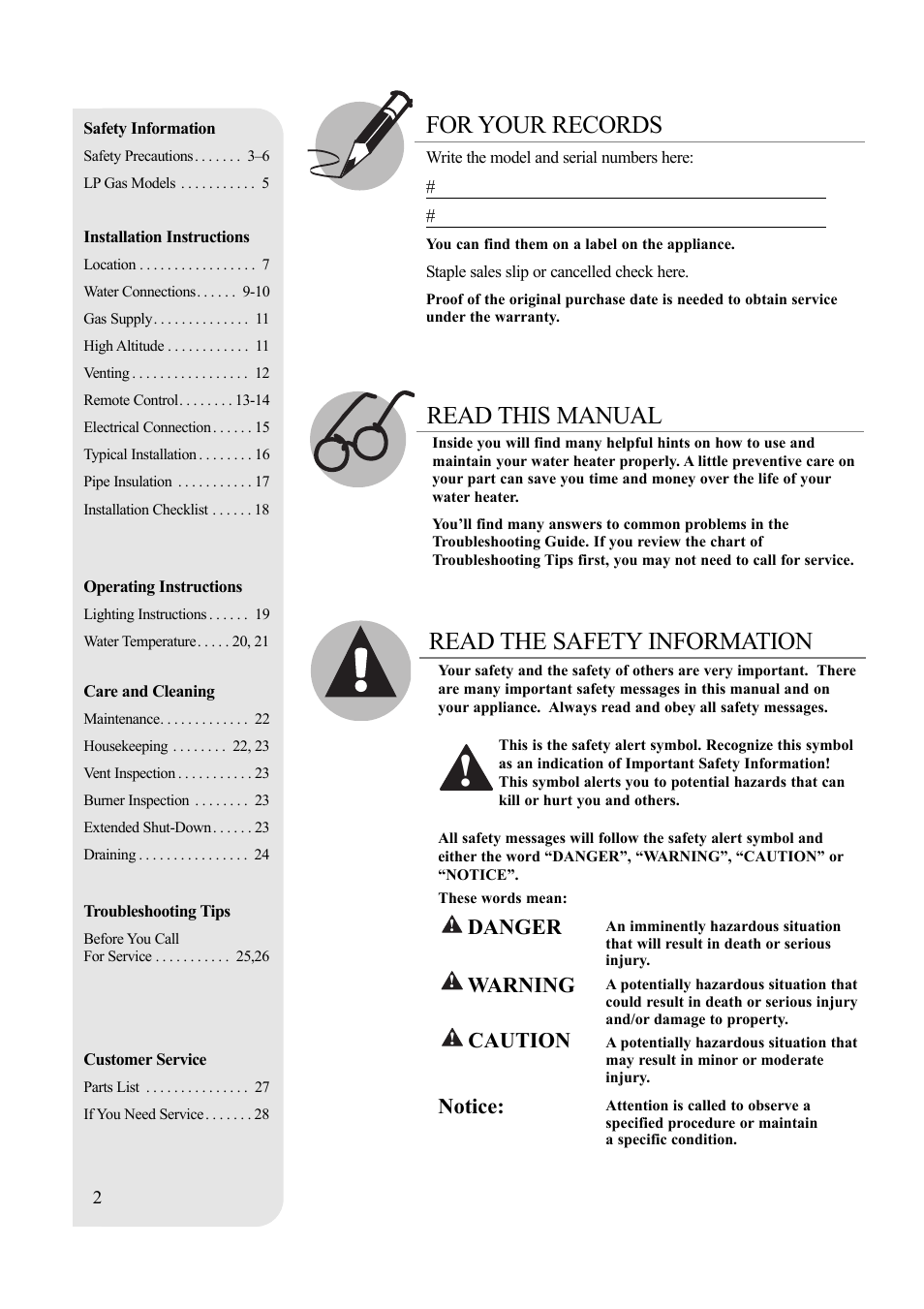 Read this manual for your records, Read the safety information, Danger | Warning, Caution, Notice | Rheem 900 BTU Max input User Manual | Page 2 / 28