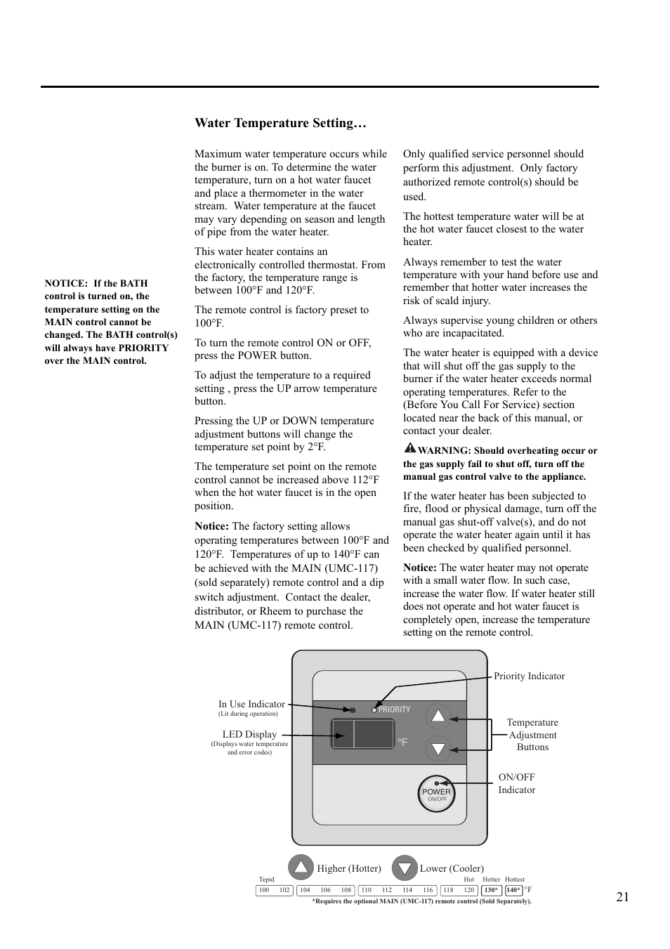 21 water temperature setting | Rheem 900 BTU Max input User Manual | Page 21 / 28