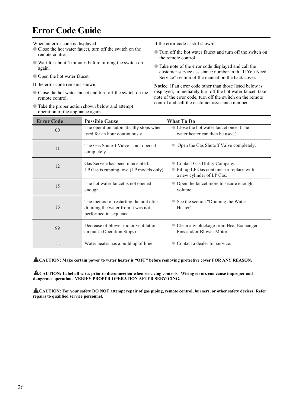 Error code guide | Rheem 900 BTU Max input User Manual | Page 26 / 28