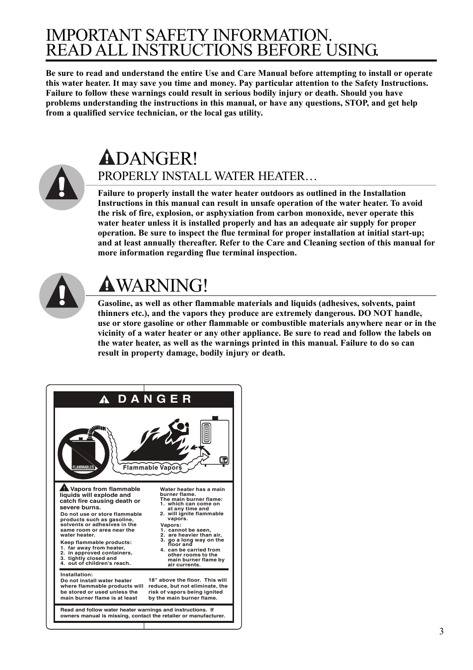 Danger, Warning, Properly install water heater | Rheem 900 BTU Max input User Manual | Page 3 / 28