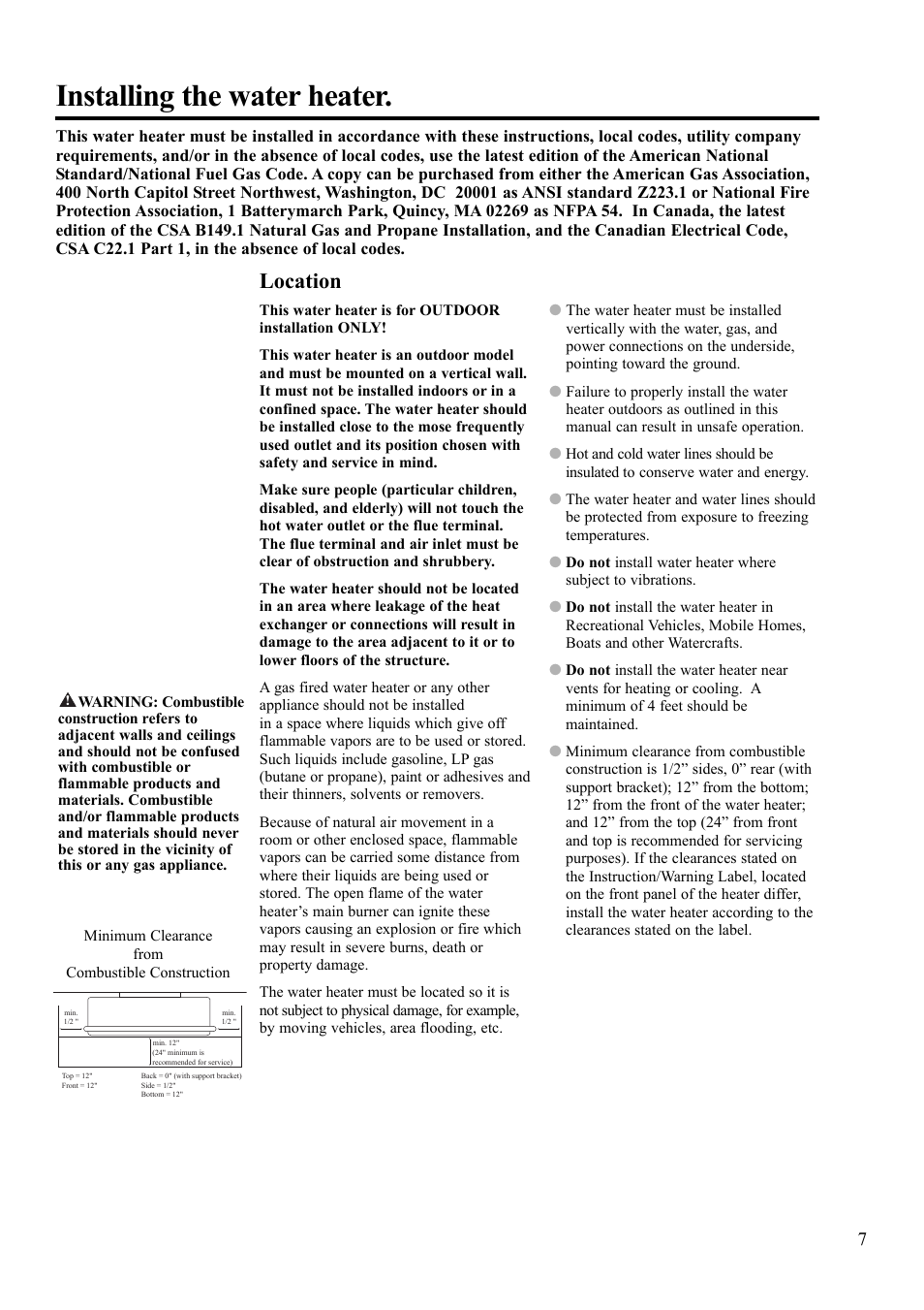 Installing the water heater, Location | Rheem 900 BTU Max input User Manual | Page 7 / 28