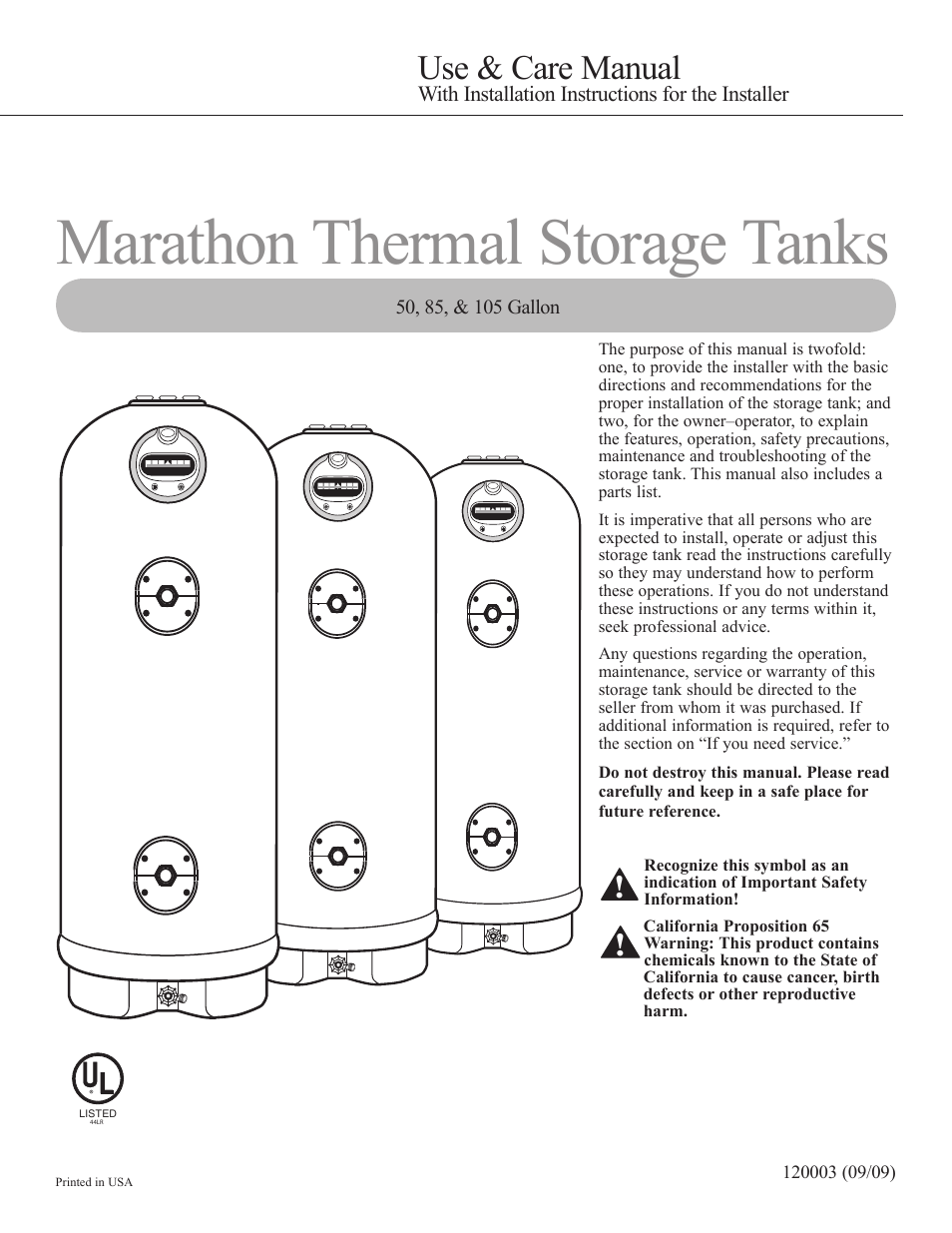 Rheem Marathon Thermal MTS105200 User Manual | 16 pages