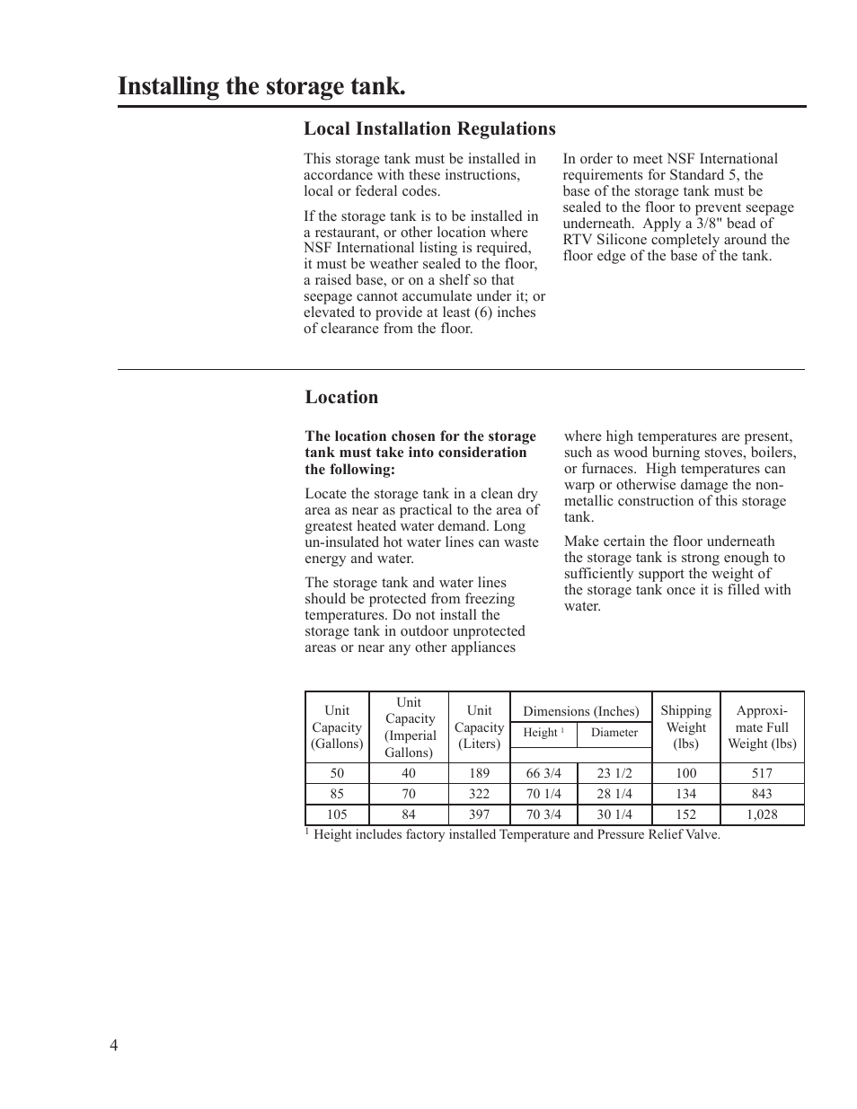 Installing the storage tank, Local installation regulations, Location | Rheem Marathon Thermal MTS105200 User Manual | Page 4 / 16