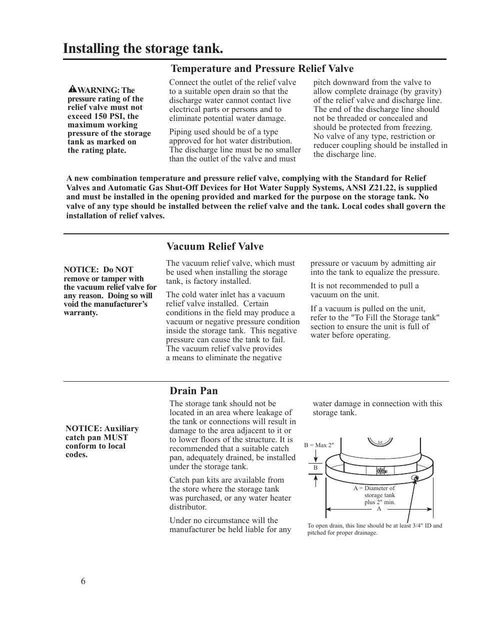 Installing the storage tank, Temperature and pressure relief valve, Vacuum relief valve | Drain pan | Rheem Marathon Thermal MTS105200 User Manual | Page 6 / 16