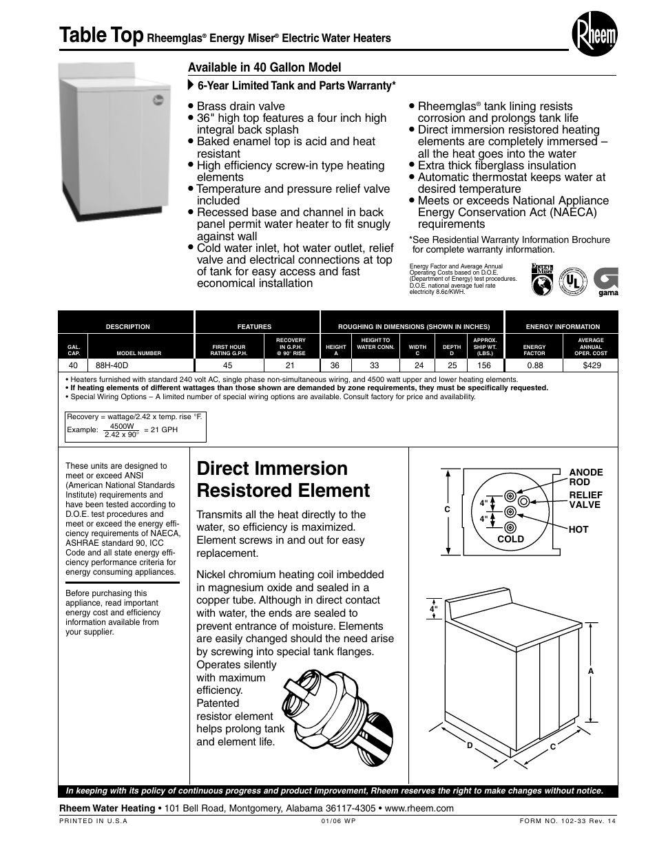 Rheem 40 User Manual | 1 page