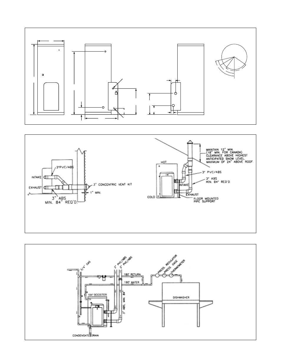 Dimensional information venting options, Booster for high temperature sanitation rinse, Advantageplus gas continued | Rheem 000 BTU User Manual | Page 3 / 4