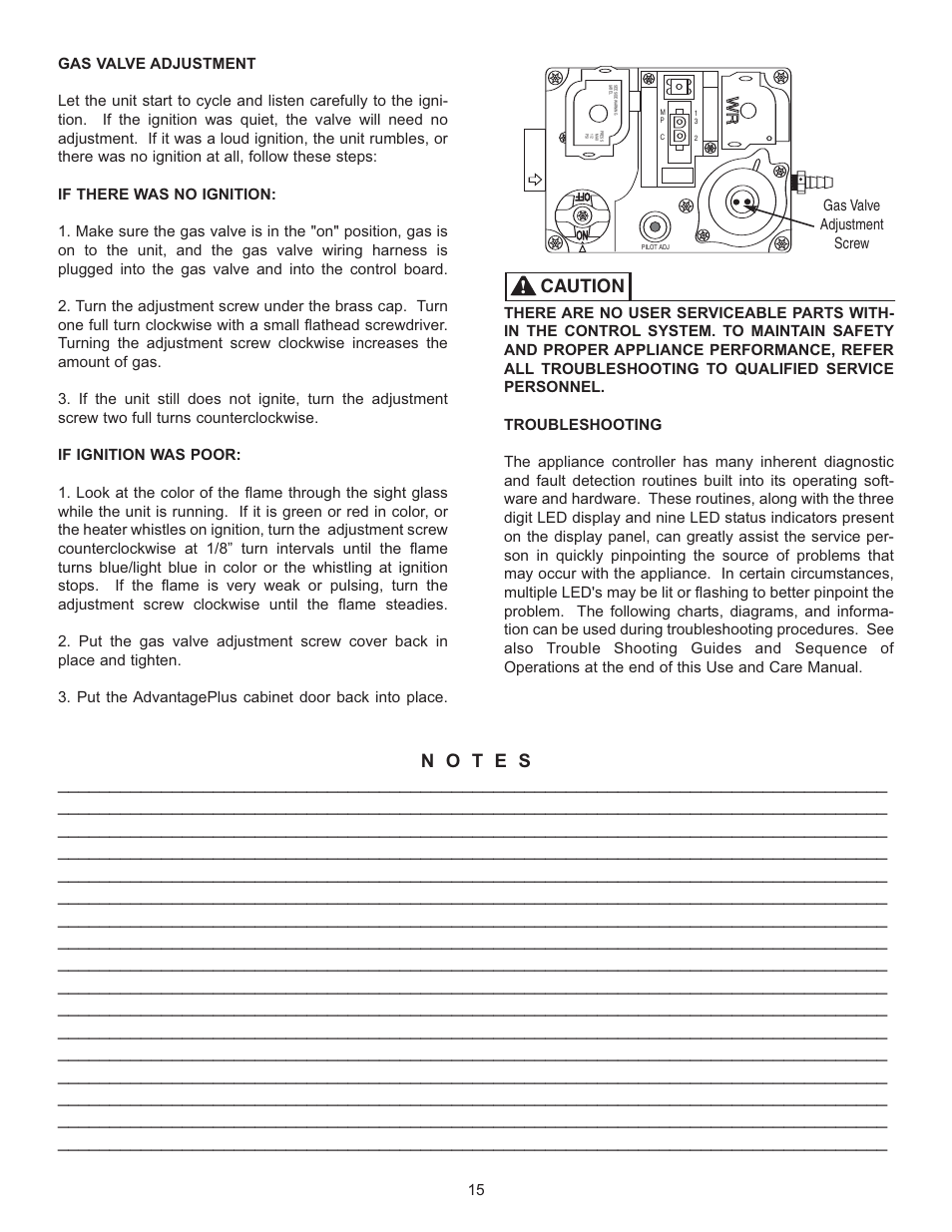 Caution, Wrw r, Gas valve adjustment screw | Rheem HE80-130LP User Manual | Page 15 / 30