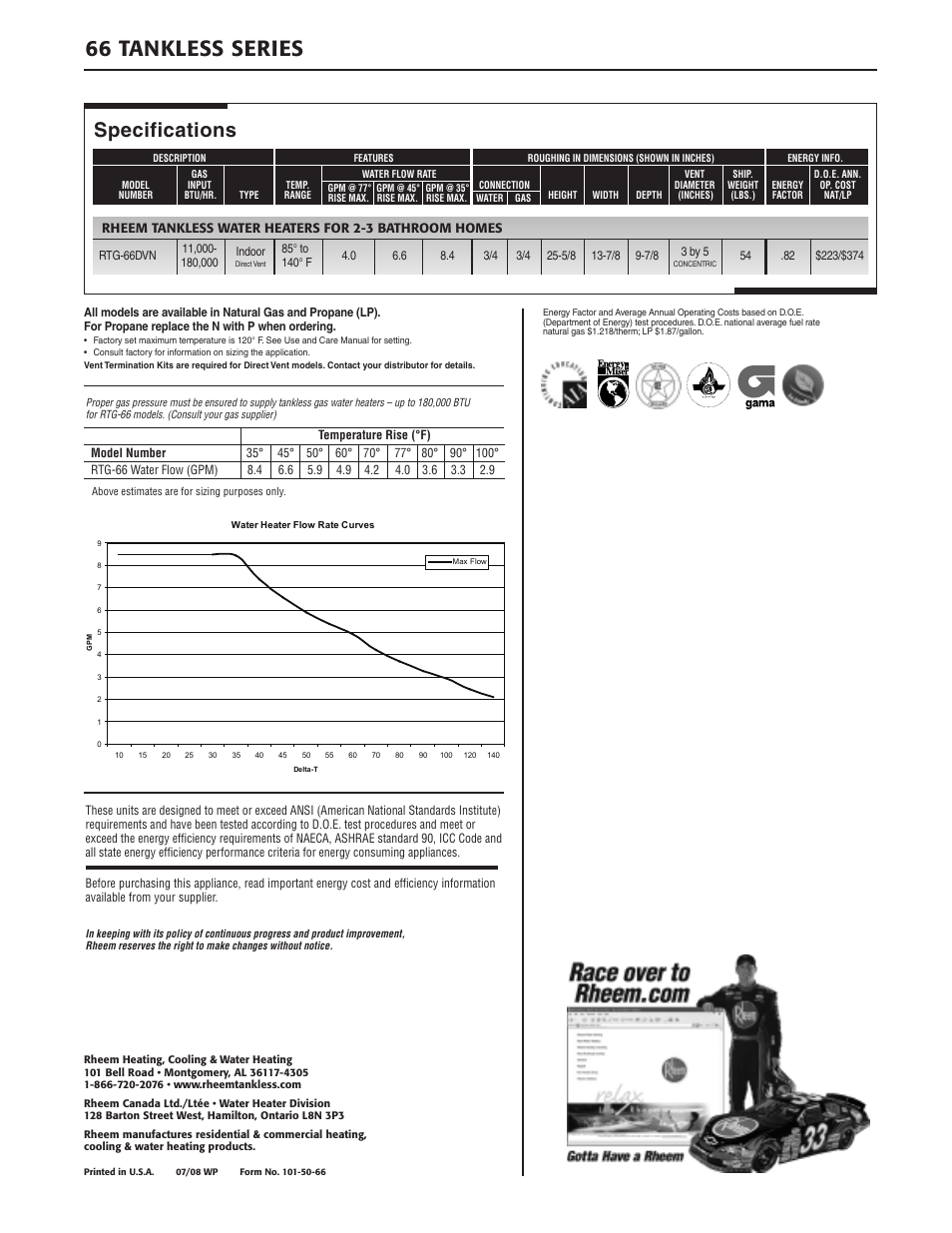 66 tankless series, Specifications | Rheem 11 User Manual | Page 2 / 2