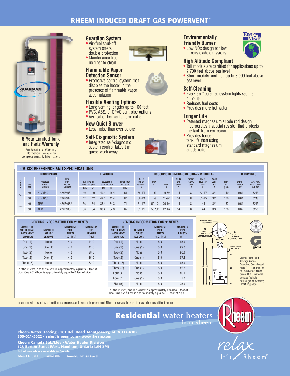 Residential water heaters, Rheem induced draft gas powervent, Guardian system | Flammable vapor detection sensor, Flexible venting options, New quiet blower, Self-diagnostic system, Environmentally friendly burner, High altitude compliant, Self-cleaning | Rheem Guardian PowerVent User Manual | Page 2 / 2