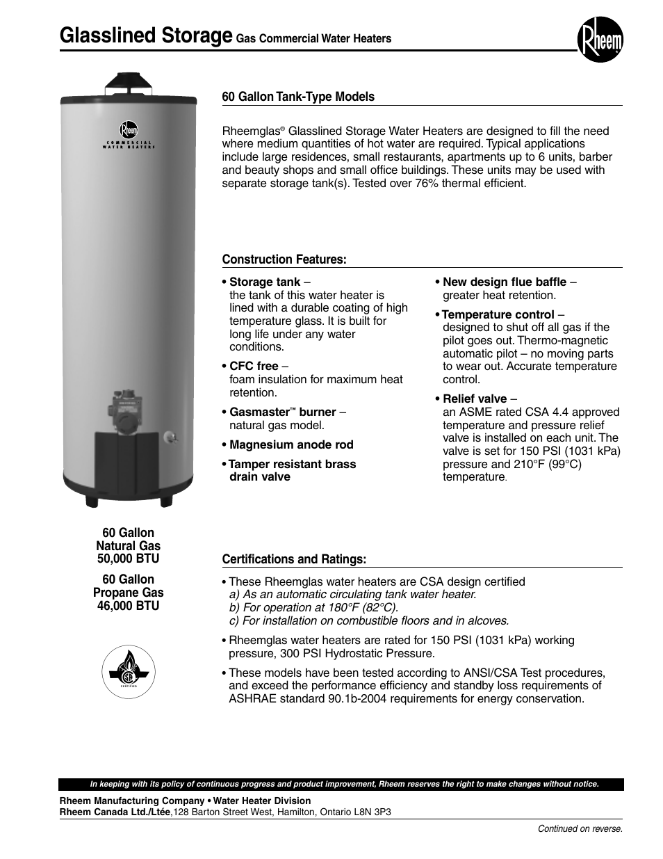 Rheem 50000 BTU User Manual | 2 pages