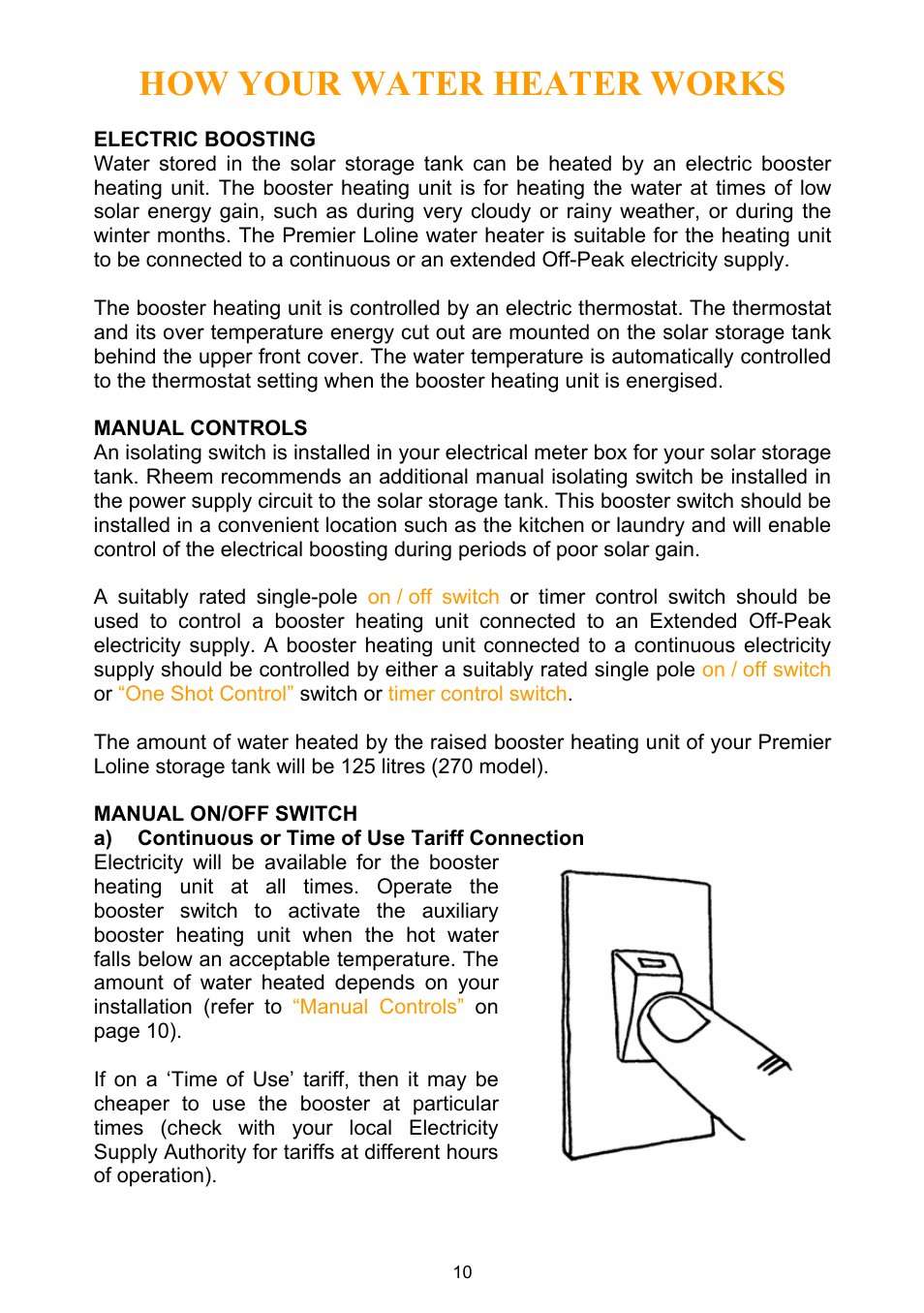 Electric boosting, Manual controls, Manual on/off switch | Refer to, 10 or check, How your water heater works | Rheem Water Heater User Manual | Page 10 / 80