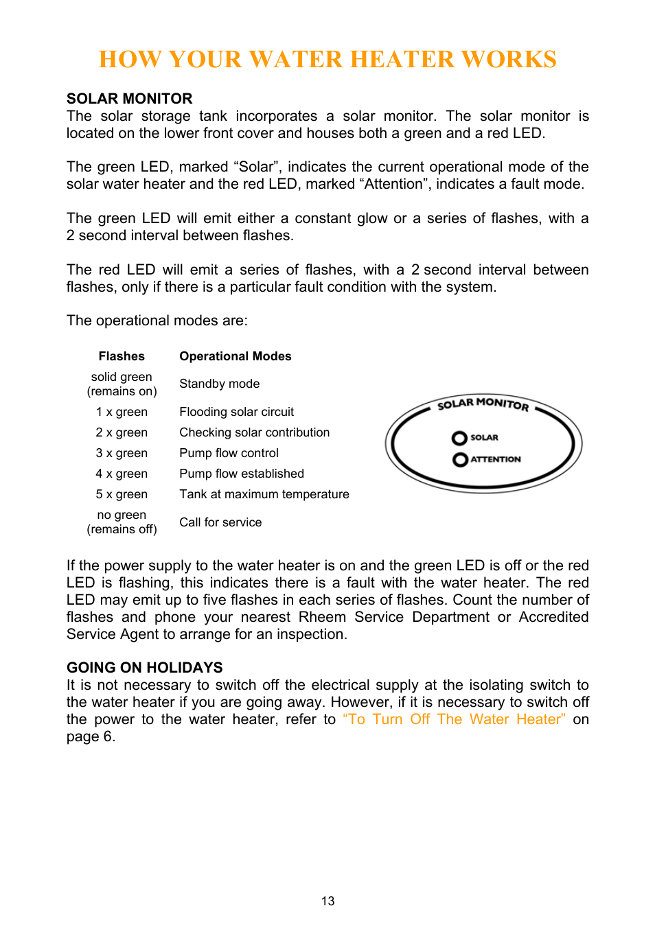 Solar monitor, Going on holidays, How your water heater works | Rheem Water Heater User Manual | Page 13 / 80