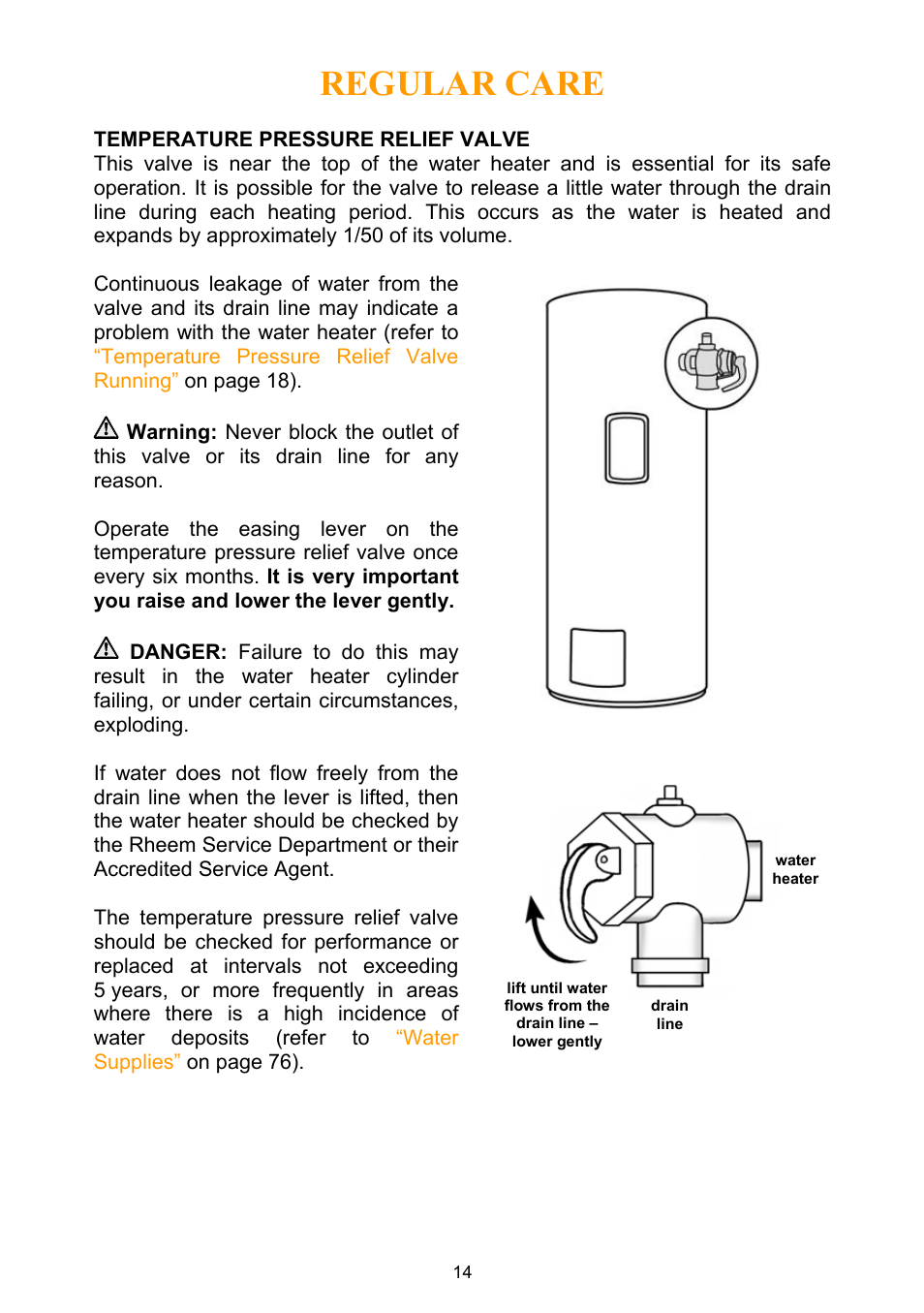 Regular care, Temperature pressure relief valve | Rheem Water Heater User Manual | Page 14 / 80