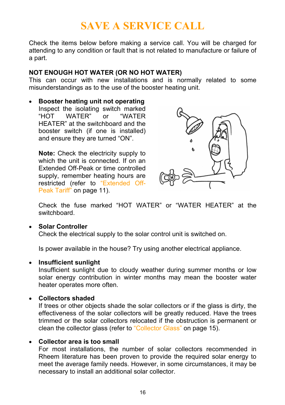 Save a service call, Not enough hot water (or no hot water) | Rheem Water Heater User Manual | Page 16 / 80