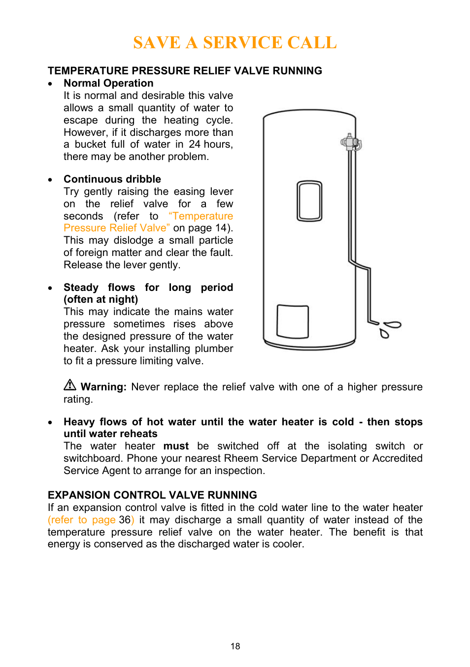 Temperature pressure relief valve running, Expansion control valve running, On p | Er to, Temperature, Pressure relief valve running, Save a service call | Rheem Water Heater User Manual | Page 18 / 80