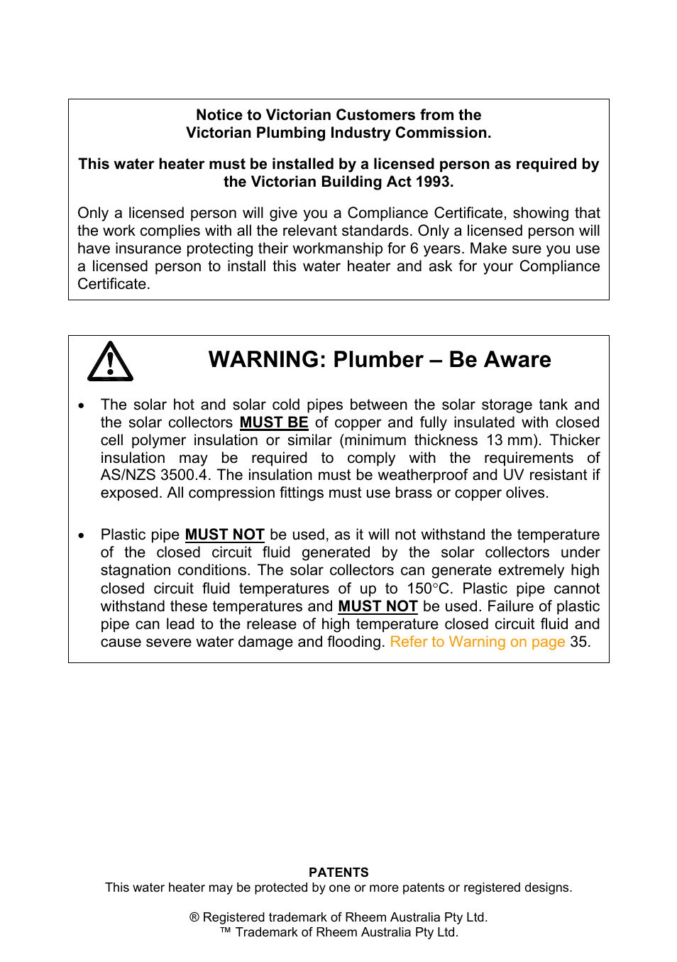 Warning: plumber – be aware | Rheem Water Heater User Manual | Page 2 / 80