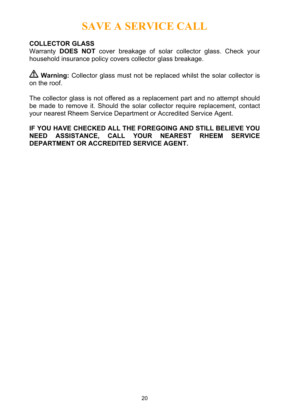 Collector glass, Save a service call | Rheem Water Heater User Manual | Page 20 / 80