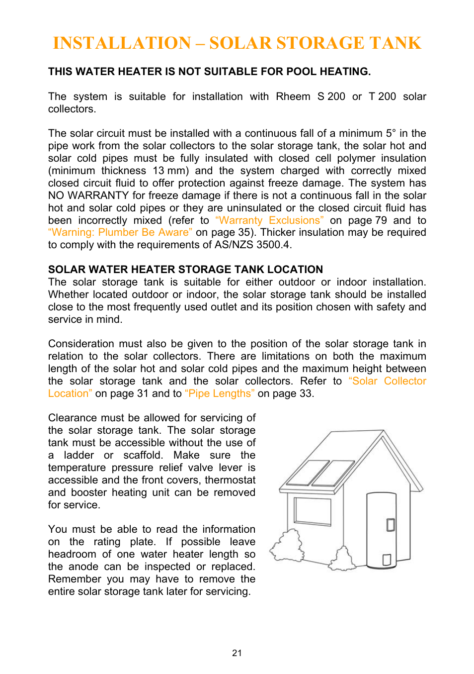 Installation – solar storage tank, Solar water heater storage tank location | Rheem Water Heater User Manual | Page 21 / 80