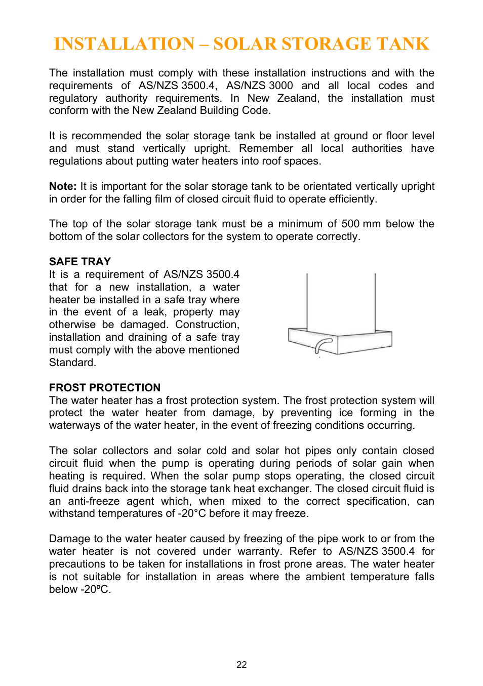 Safe tray, Frost protection, Installation – solar storage tank | Rheem Water Heater User Manual | Page 22 / 80