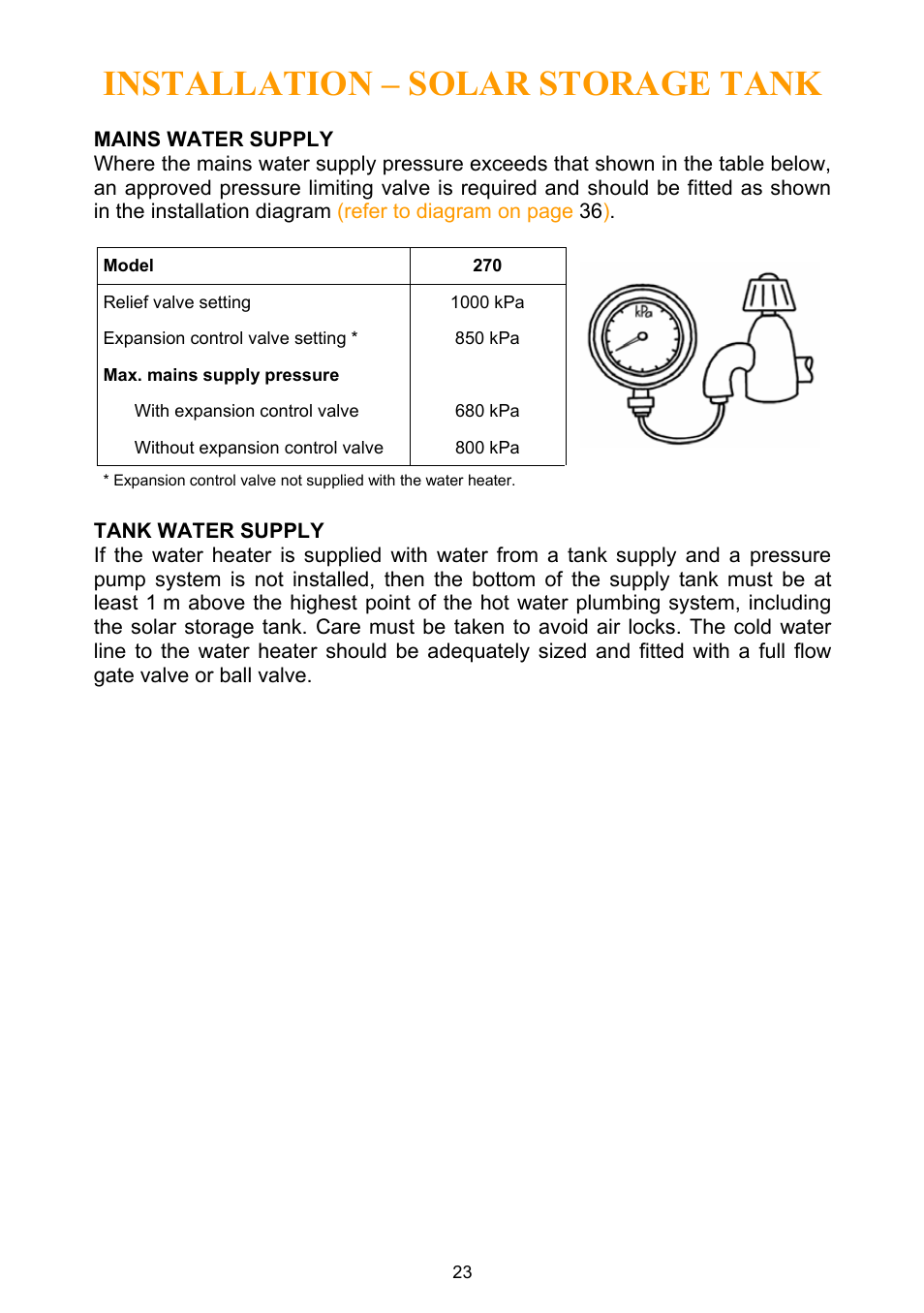 Mains water supply, Tank water supply, Installation – solar storage tank | Rheem Water Heater User Manual | Page 23 / 80