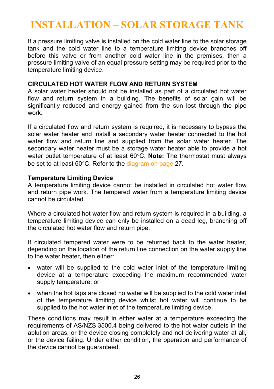 Circulated hot water flow and return system, Temperature limiting device, Installation – solar storage tank | Rheem Water Heater User Manual | Page 26 / 80