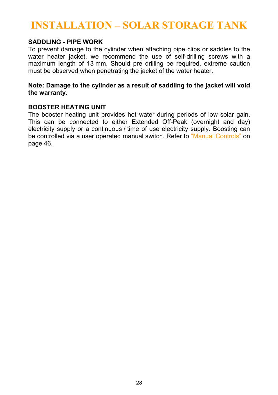 Saddling - pipe work, Booster heating unit, Installation – solar storage tank | Rheem Water Heater User Manual | Page 28 / 80