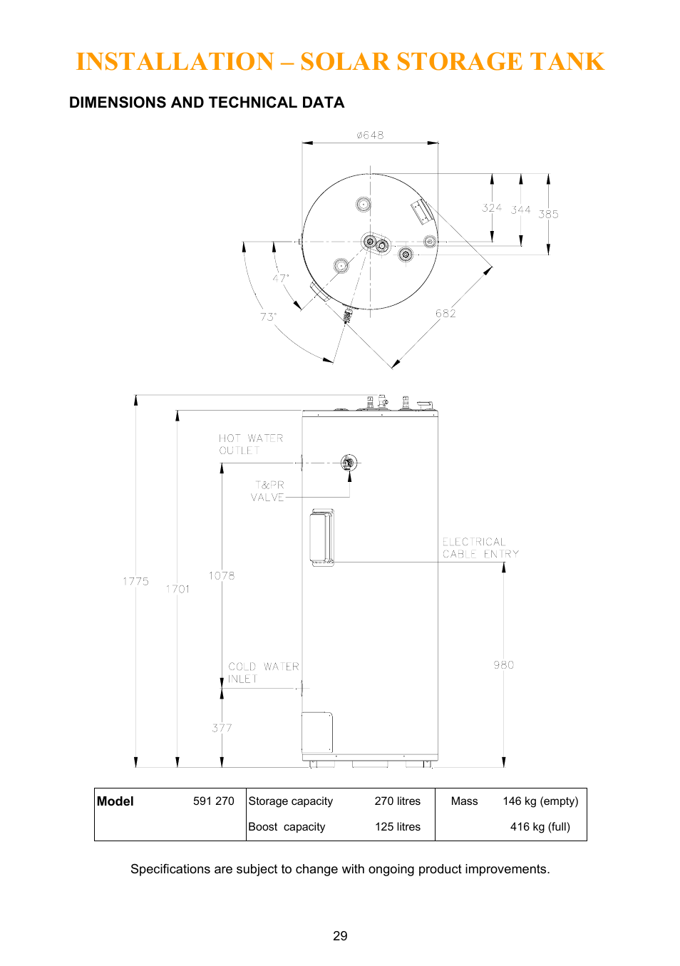 Dimensions and technical data, Installation – solar storage tank | Rheem Water Heater User Manual | Page 29 / 80