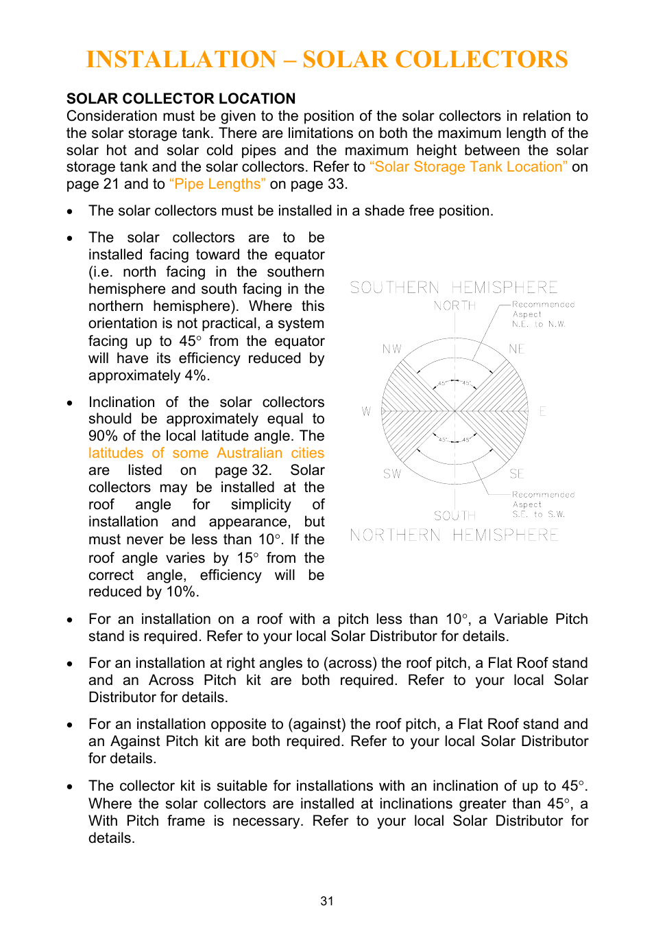 Installation – solar collectors, Solar collector location, Solar collector | Location | Rheem Water Heater User Manual | Page 31 / 80