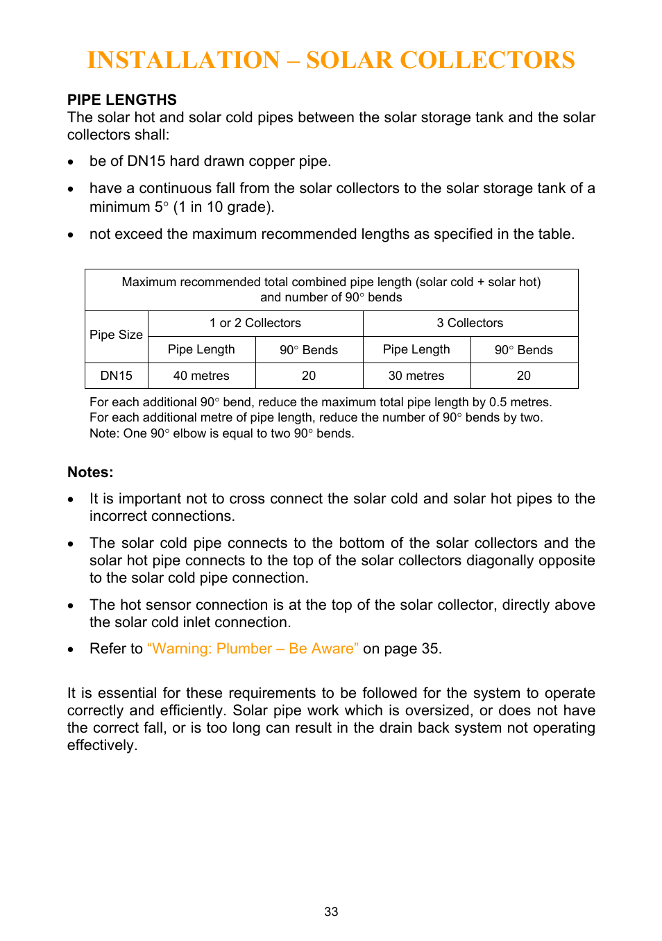 Pipe lengths, And to, Installation – solar collectors | Rheem Water Heater User Manual | Page 33 / 80