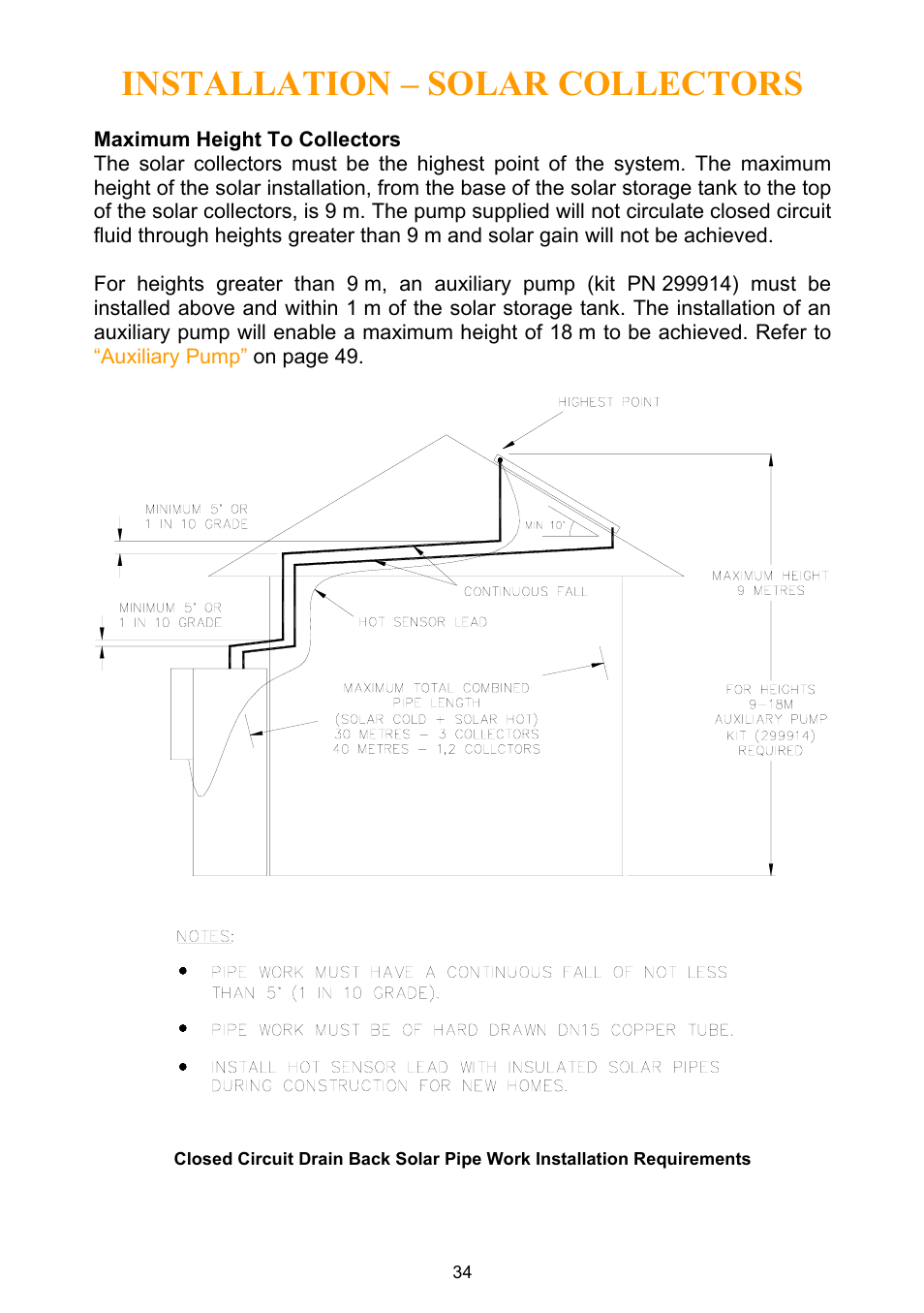 Maximum height to collectors, Installation – solar collectors | Rheem Water Heater User Manual | Page 34 / 80