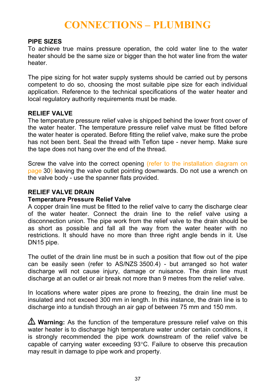 Pipe sizes, Relief valve, Relief valve drain | Temperature pressure relief valve, Connections – plumbing | Rheem Water Heater User Manual | Page 37 / 80