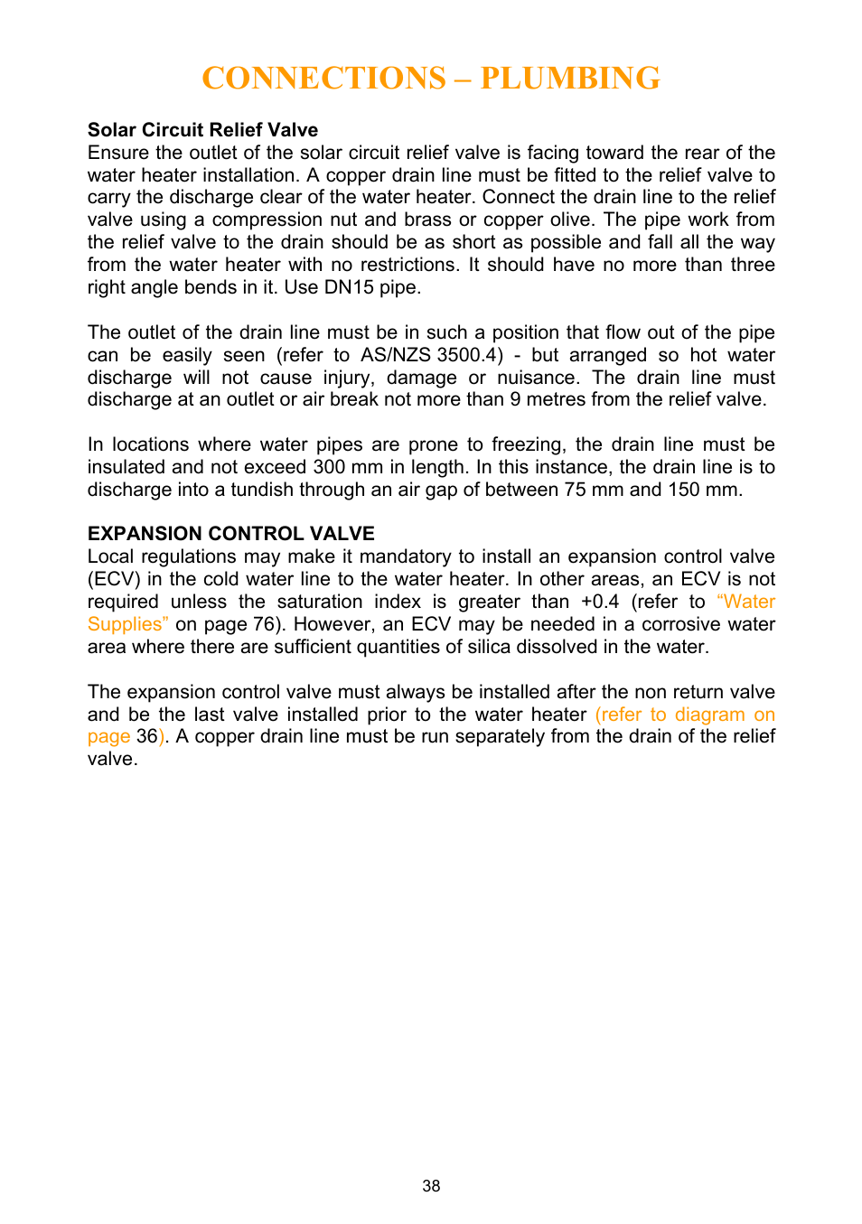 Solar circuit relief valve, Expansion control valve, Connections – plumbing | Rheem Water Heater User Manual | Page 38 / 80