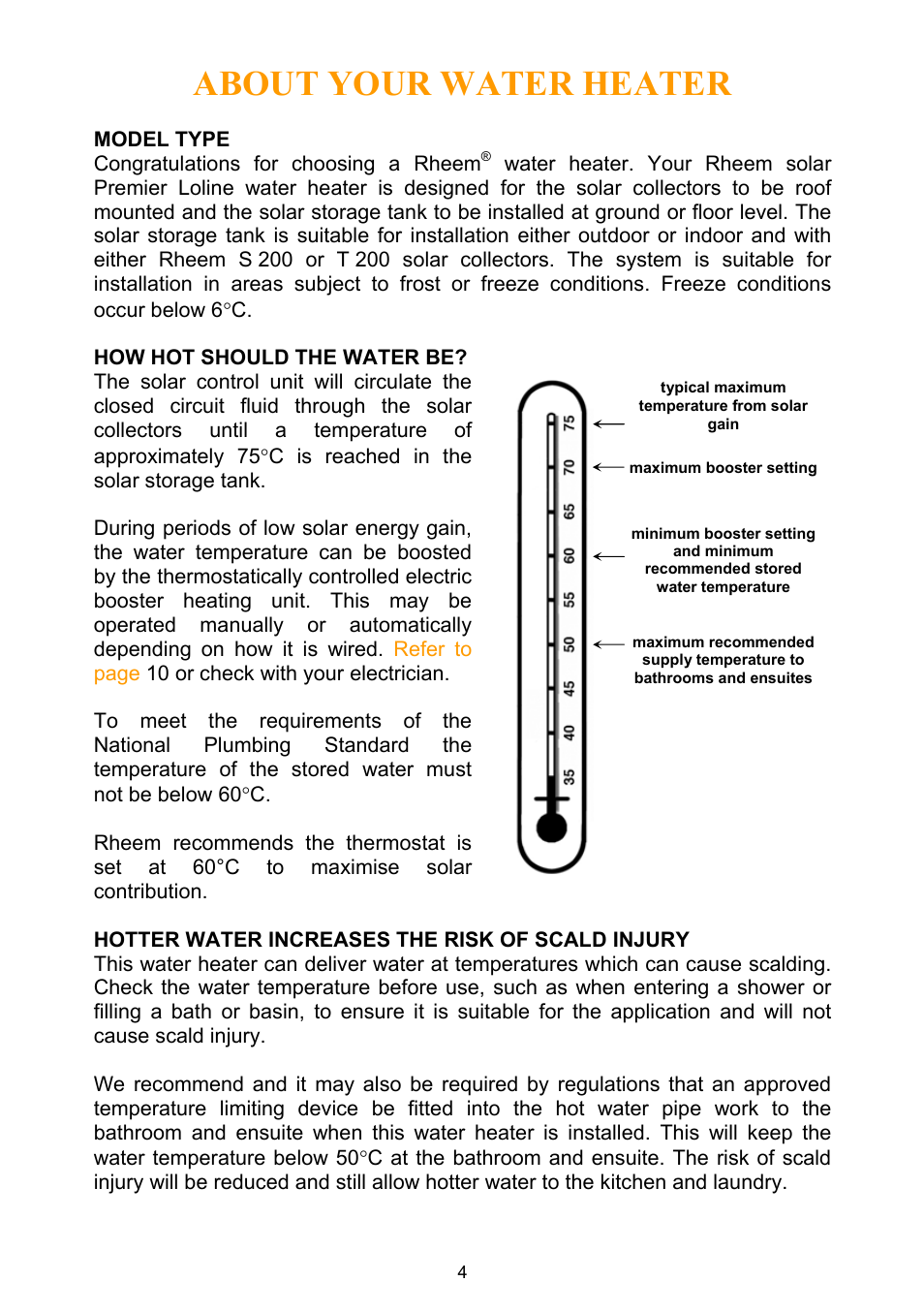 About your water heater, Model type, How hot should the water be | Hotter water increases the risk of scald injury | Rheem Water Heater User Manual | Page 4 / 80