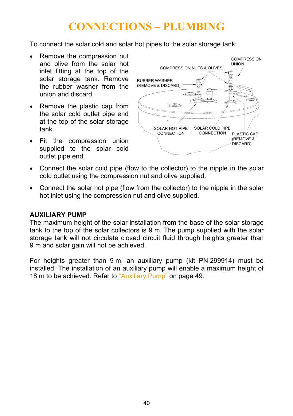 Auxiliary pump, Connections – plumbing | Rheem Water Heater User Manual | Page 40 / 80