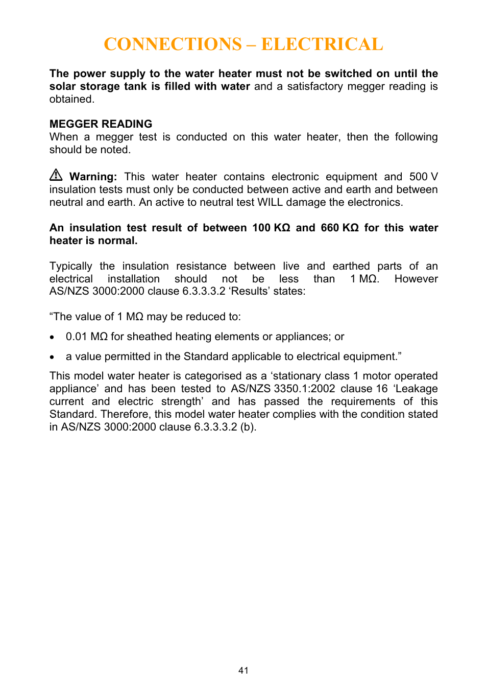 Connections – electrical, Megger reading | Rheem Water Heater User Manual | Page 41 / 80