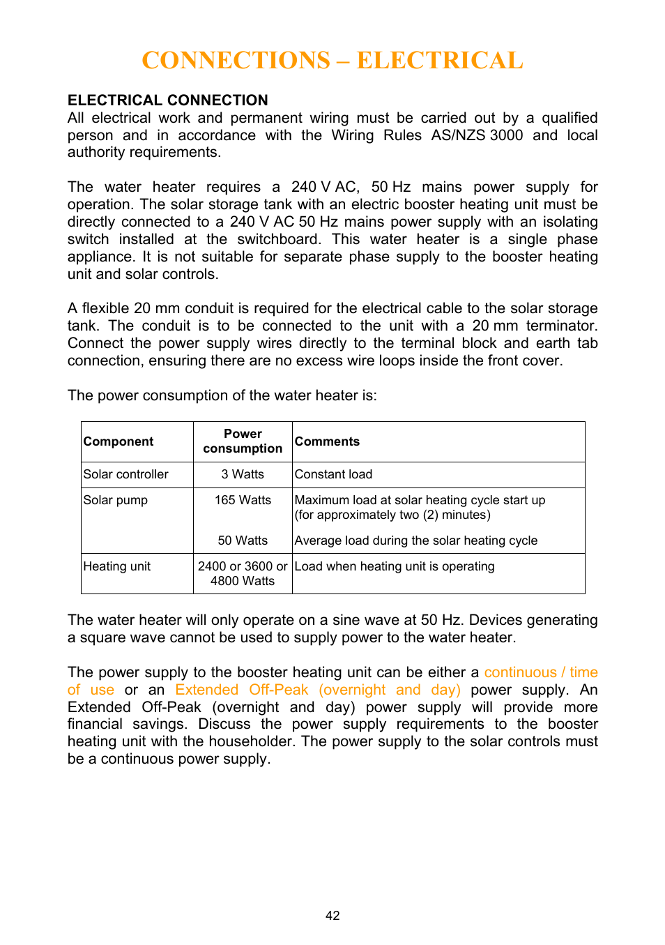 Electrical connection, Connections – electrical | Rheem Water Heater User Manual | Page 42 / 80