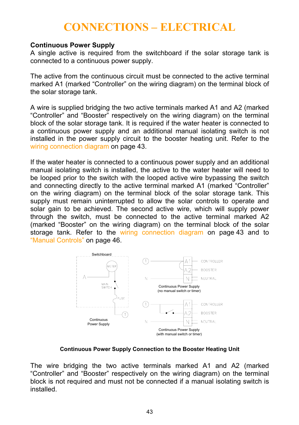 Continuous power supply, Connections – electrical | Rheem Water Heater User Manual | Page 43 / 80