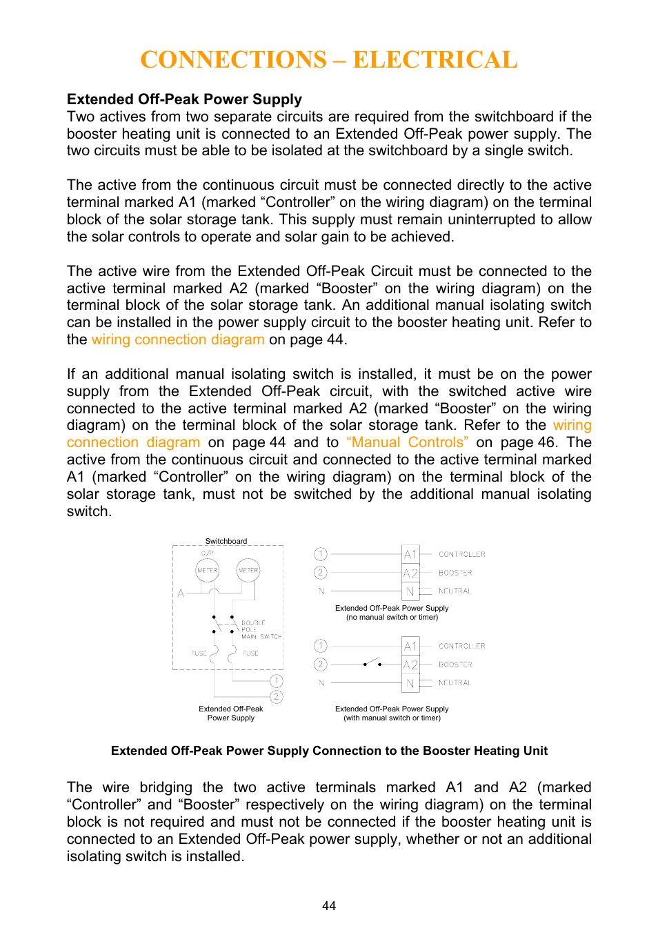 Extended off-peak power supply, Connections – electrical | Rheem Water Heater User Manual | Page 44 / 80