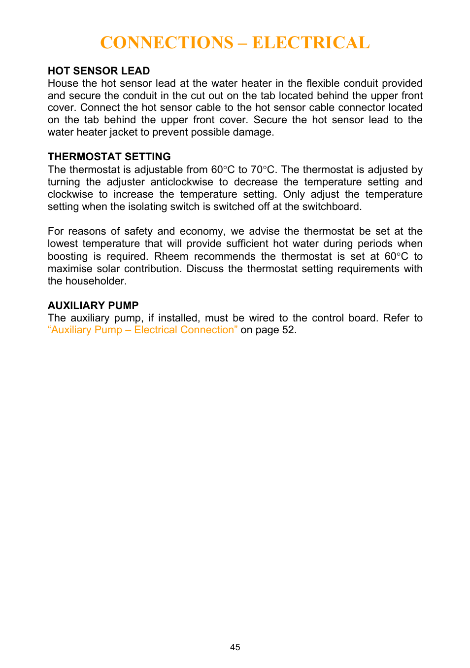 Hot sensor lead, Thermostat setting, Auxiliary pump | Connections – electrical | Rheem Water Heater User Manual | Page 45 / 80