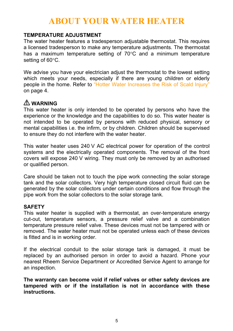 Temperature adjustment, Warning, Safety | About your water heater | Rheem Water Heater User Manual | Page 5 / 80