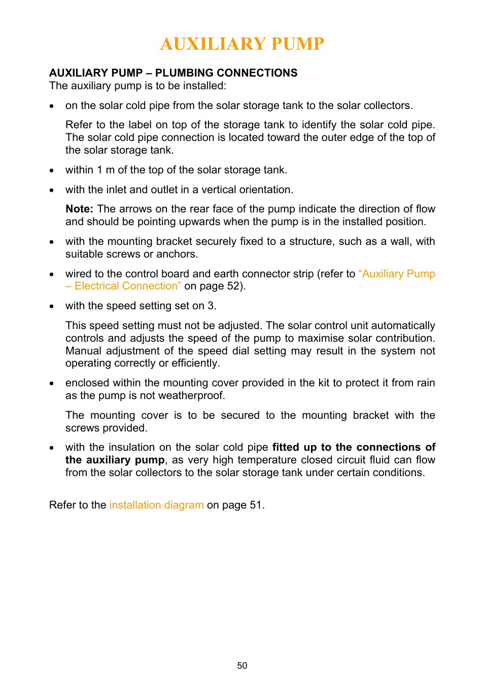 Auxiliary pump – plumbing connections, Auxiliary pump | Rheem Water Heater User Manual | Page 50 / 80