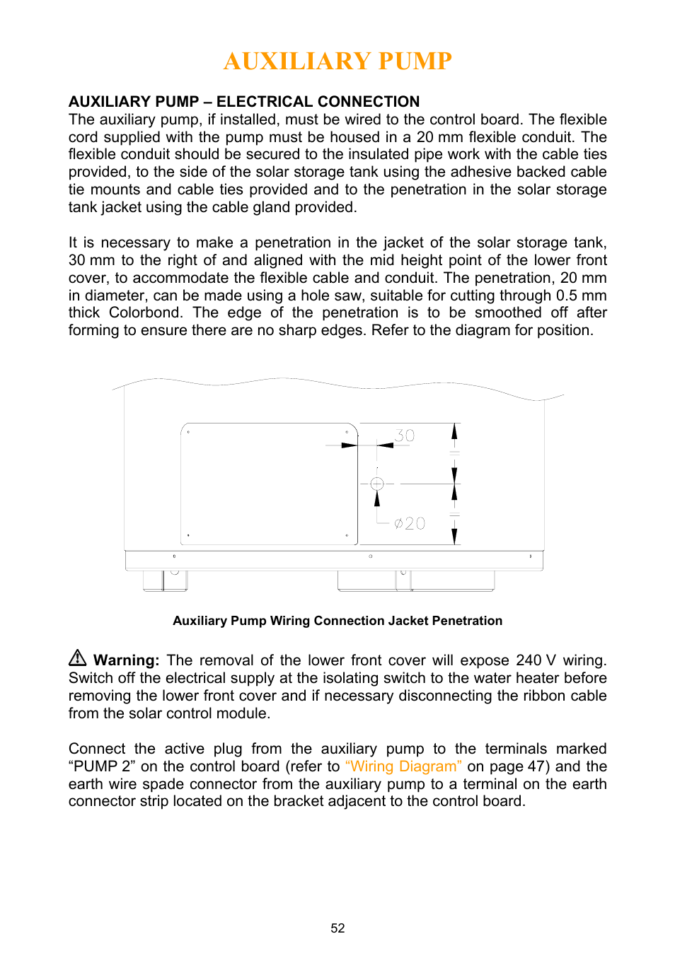 Auxiliary pump – electrical connection, Auxiliary pump, Electrical connection | Rheem Water Heater User Manual | Page 52 / 80