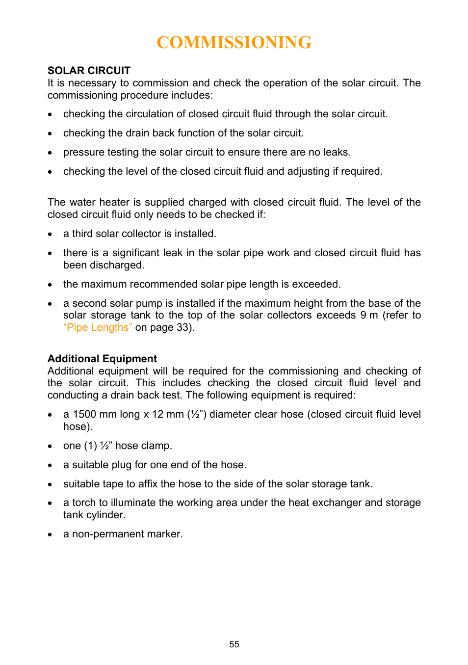 Solar circuit, Additional equipment, Commission the solar circuit (refer to | Commissioning | Rheem Water Heater User Manual | Page 55 / 80