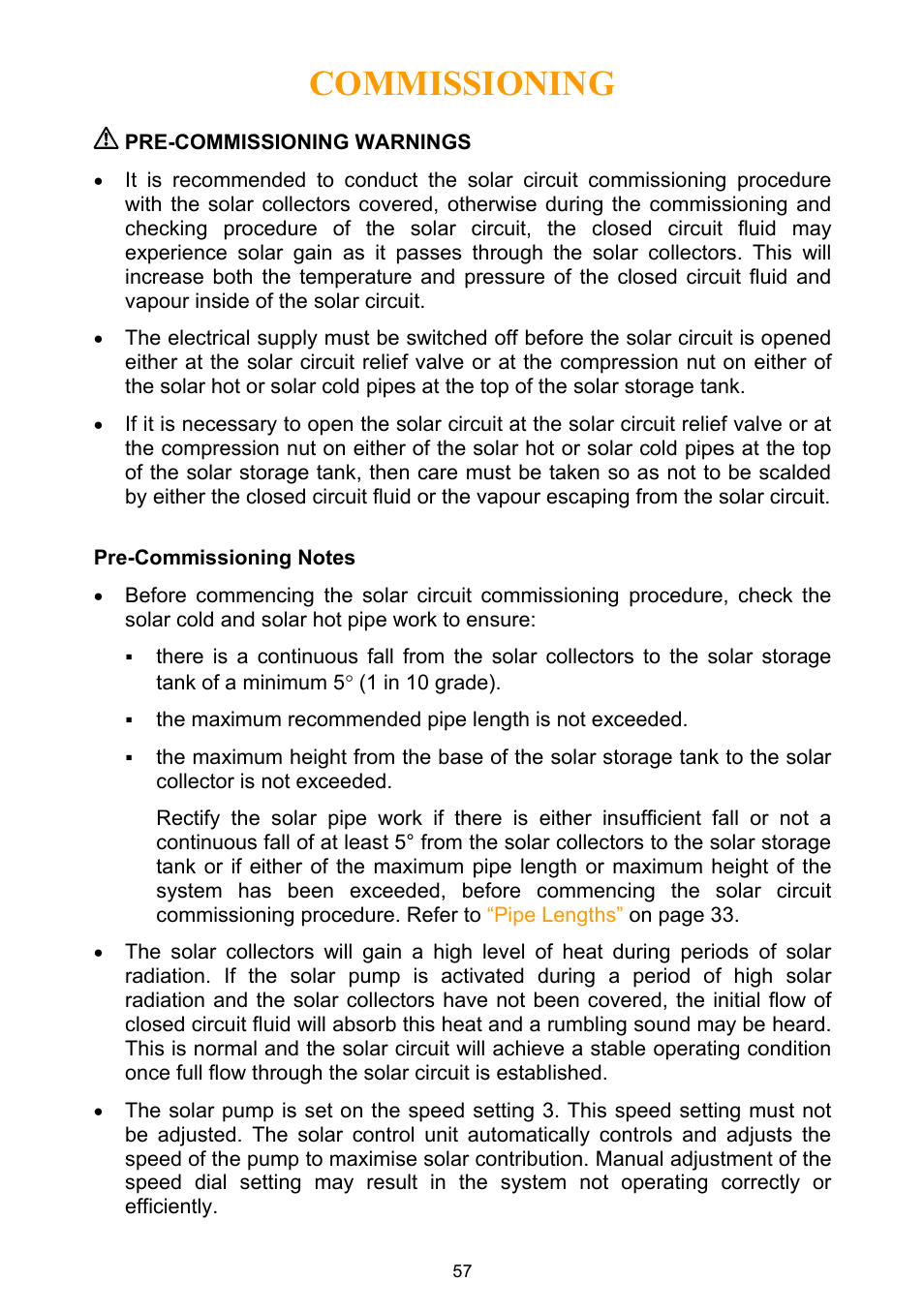 Pre-commissioning warnings, Commissioning | Rheem Water Heater User Manual | Page 57 / 80