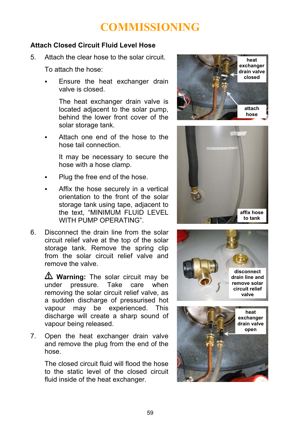 Attach closed circuit fluid level hose, Commissioning | Rheem Water Heater User Manual | Page 59 / 80