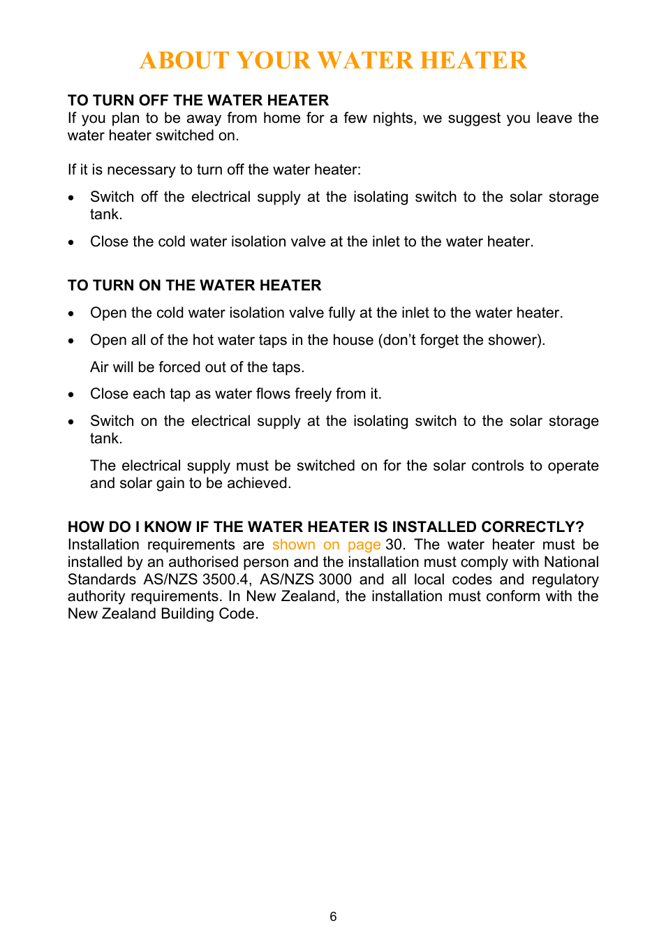 To turn off the water heater, To turn on the water heater, About your water heater | Rheem Water Heater User Manual | Page 6 / 80