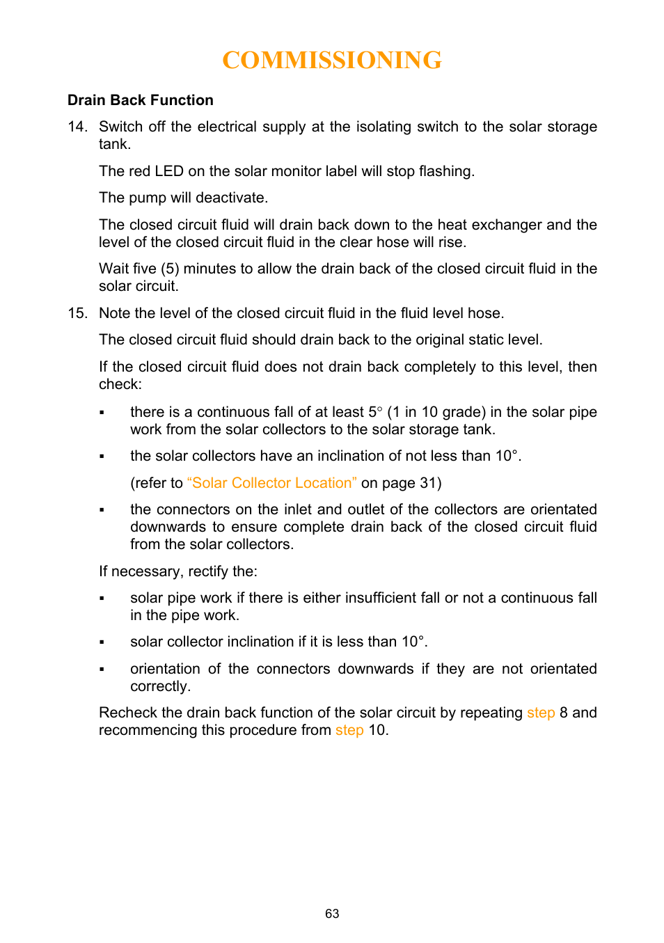 Drain back function, Commissioning | Rheem Water Heater User Manual | Page 63 / 80