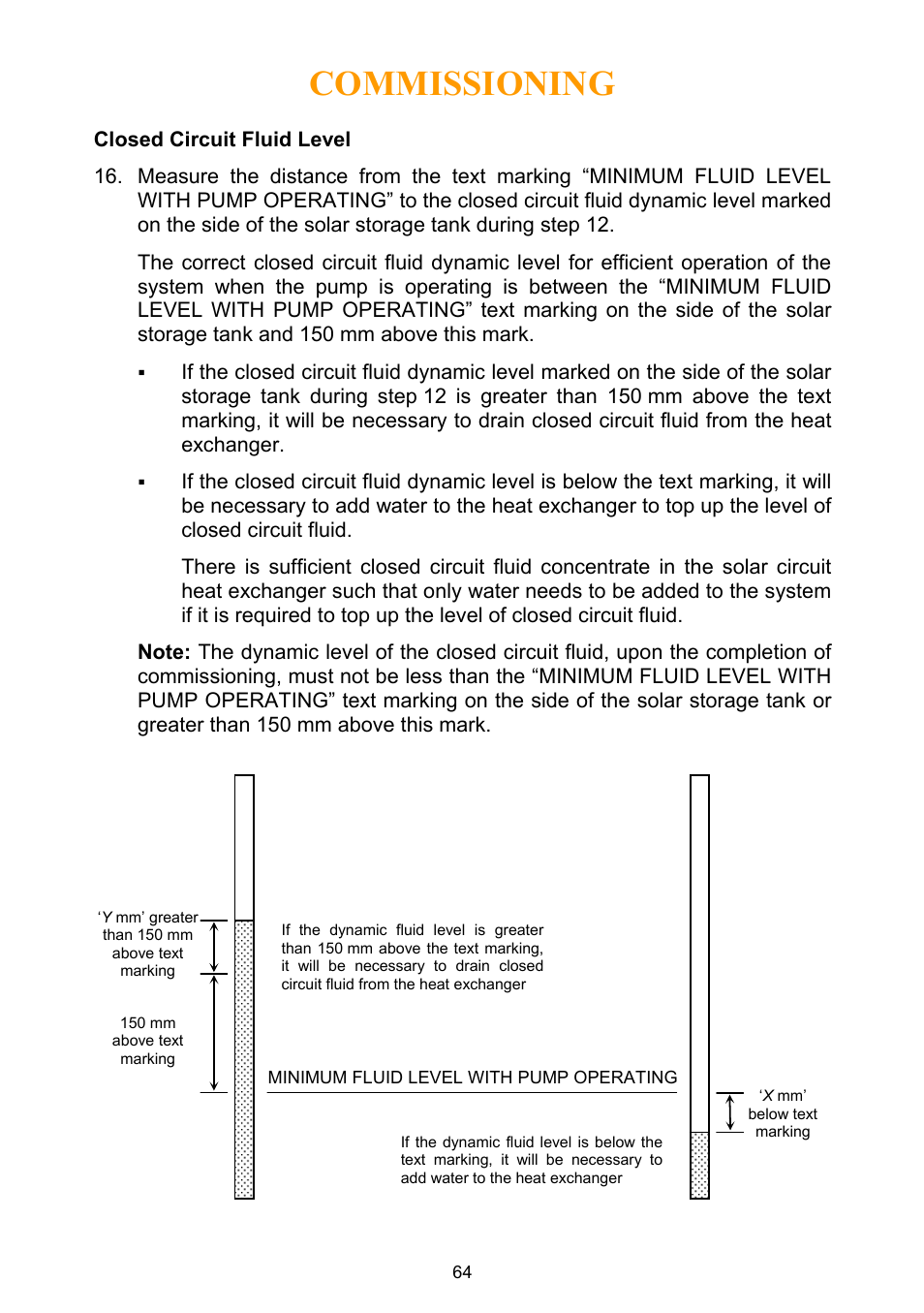 Closed circuit fluid level, Commissioning | Rheem Water Heater User Manual | Page 64 / 80