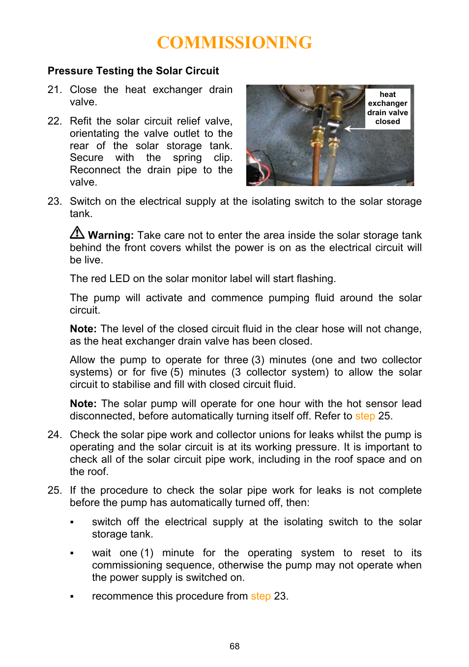 Pressure testing the solar circuit, Commissioning | Rheem Water Heater User Manual | Page 68 / 80