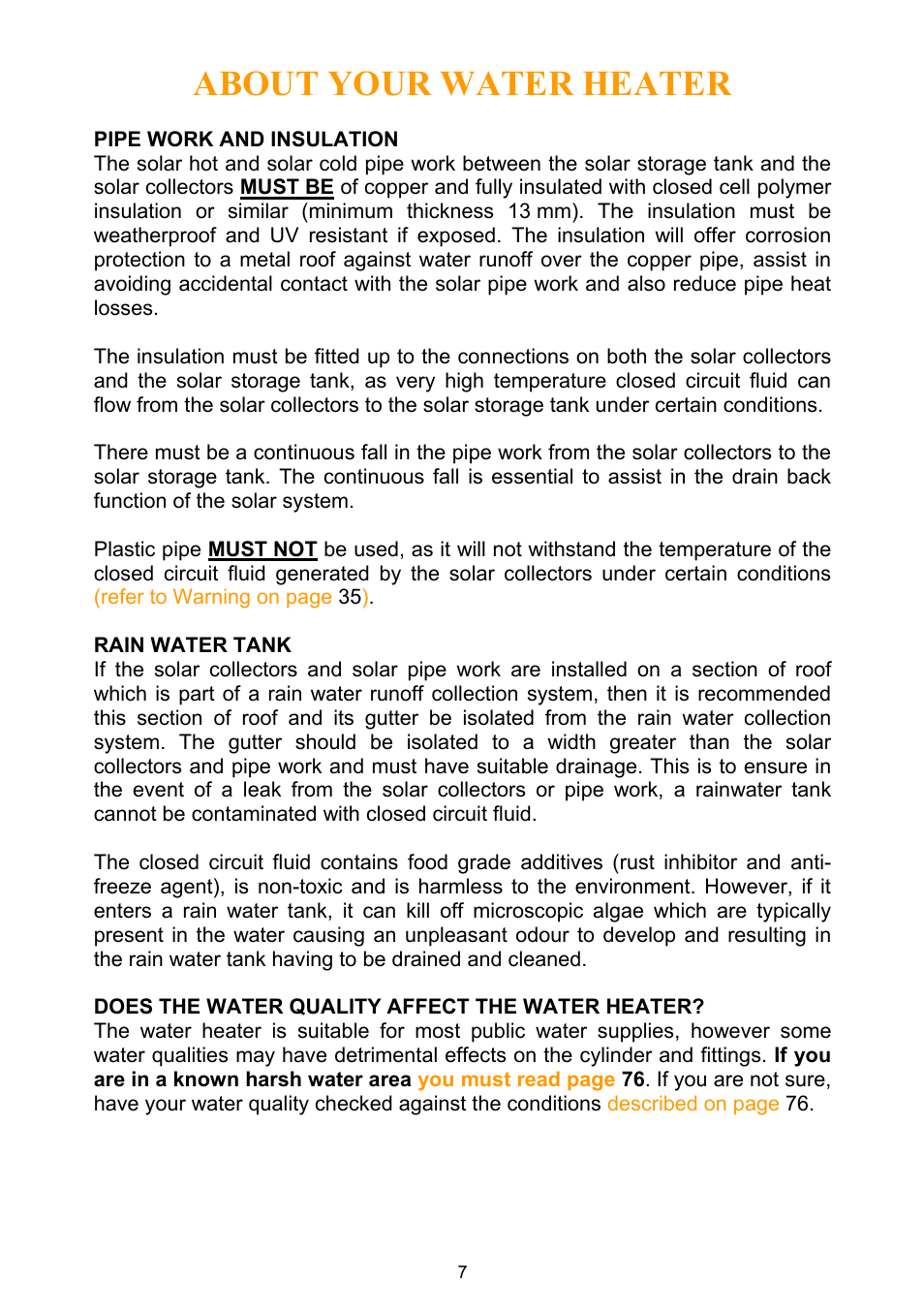 Pipe work and insulation, Rain water tank, Does the water quality affect the water heater | About your water heater | Rheem Water Heater User Manual | Page 7 / 80